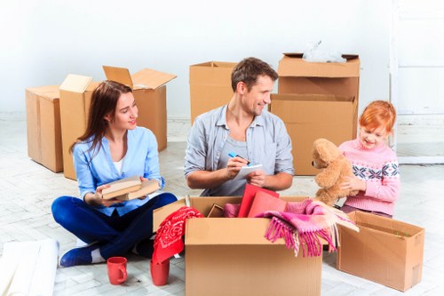 Organized Blackfen storage space with boxes and furniture for long-term keeping